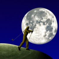 Man on moon playing golf